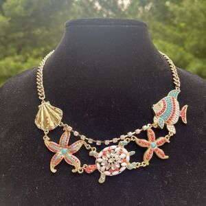 Vtg Coastal Sea Necklace Turtle Shell Starfish Coral Blue Bead Rhinestone 18-21"